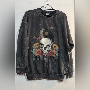 Women’s Black Graphic Sweatshirt with Skull and Butterfly Design